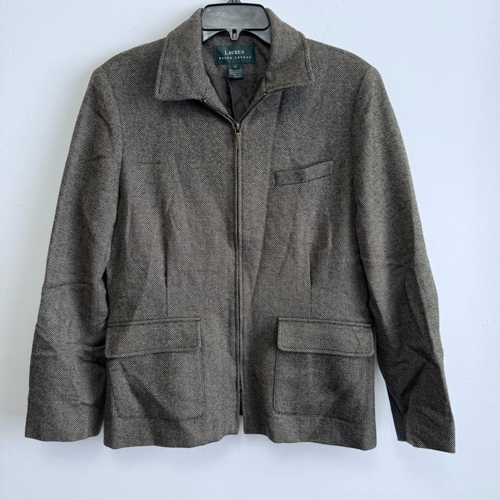 Lauren Ralph Lauren 100% Wool Herringbone Zip Front Jacket Size 12